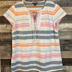 Tommy Bahama Women's Striped Cotton Blouse Size L Coastal Short Sleeve